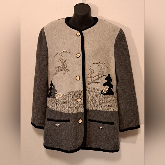 Vintage Meico Landhaus Grey Wool Embriodered Applique Jacket Misses Size 10 - Picture 2 of 10